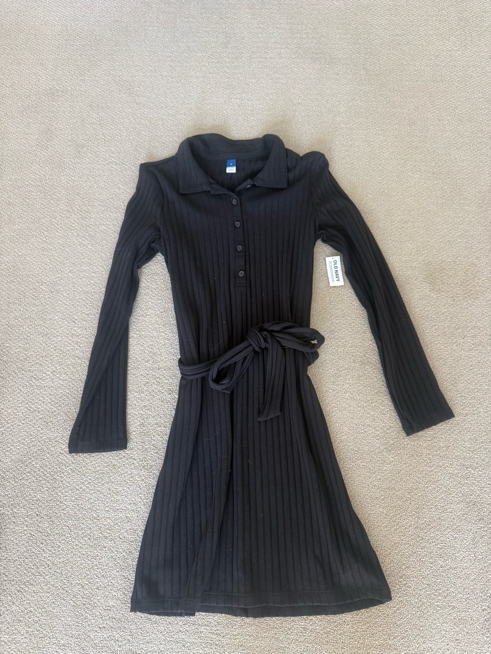 Old Navy Black Ribbed Long-Sleeve Polo Dress with Tie Waist